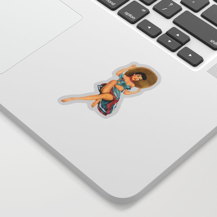 Sexy Brunette Pin Up With Straw Hat Red And Blue Vintage Dress Sticker