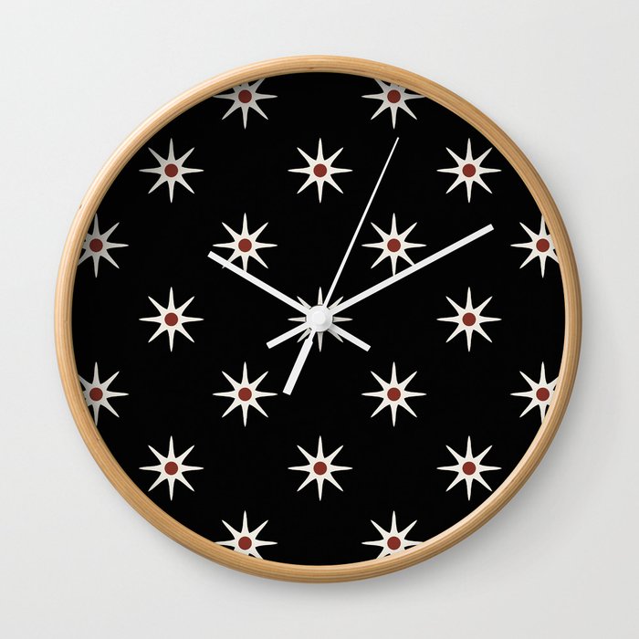 Atomic mid century retro star flower pattern in black background Wall Clock