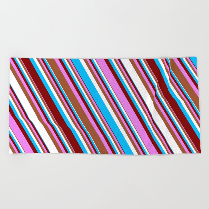 Colorful Deep Sky Blue, Maroon, Violet, Sienna & White Colored Striped/Lined Pattern Beach Towel