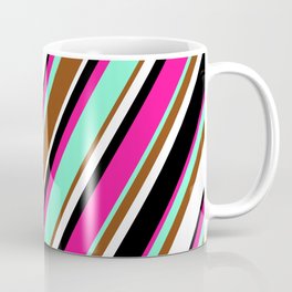[ Thumbnail: Vibrant Deep Pink, Aquamarine, Brown, White, and Black Colored Striped Pattern Coffee Mug ]
