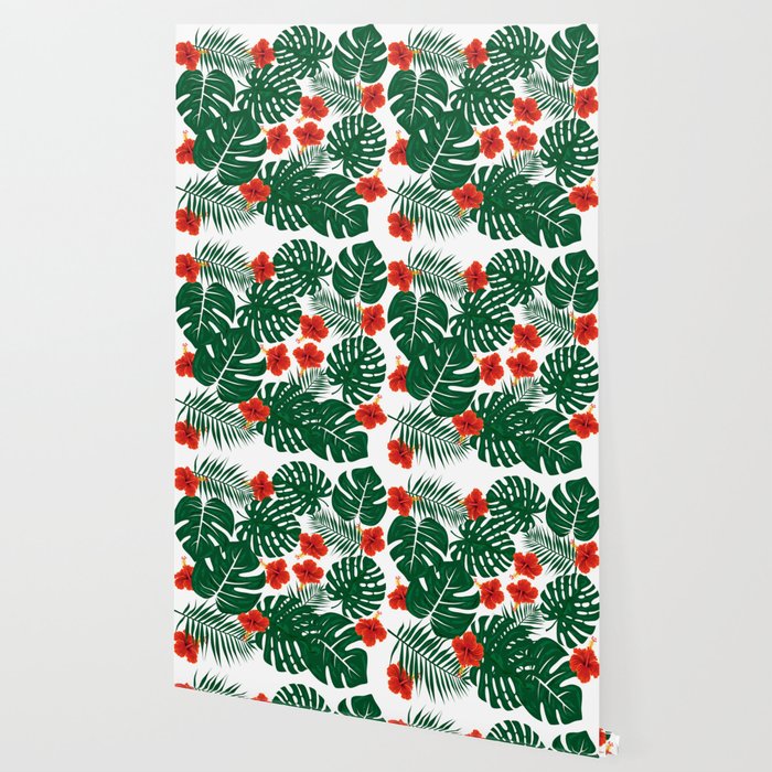 Tropical Leaves Hibiscus Flowers Wallpaper By Famenxt Society6