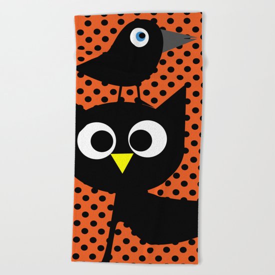 Black cat and raven Beach Towel