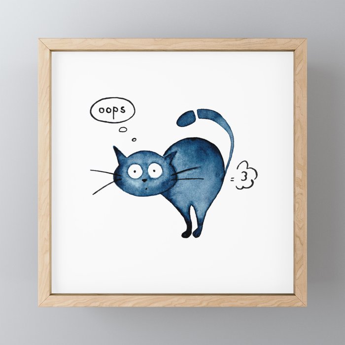 Fart blue cat Framed Mini Art Print