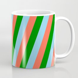 [ Thumbnail: Sky Blue, Red, and Green Colored Stripes Pattern Coffee Mug ]