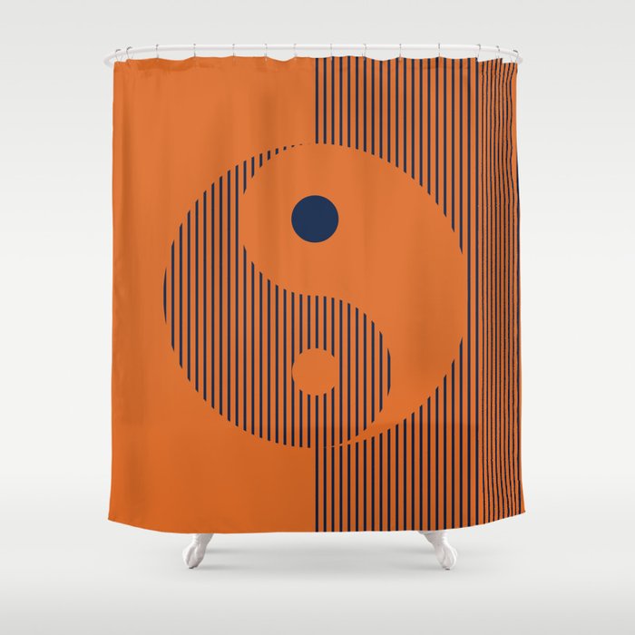 Geometric Lines Ying and Yang X in Navy Blue Orange Shower Curtain