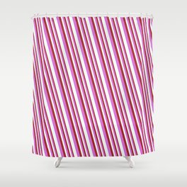 [ Thumbnail: Brown, Orchid, and Mint Cream Colored Stripes/Lines Pattern Shower Curtain ]