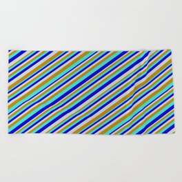 [ Thumbnail: Turquoise, Blue, Light Gray & Dark Goldenrod Colored Pattern of Stripes Beach Towel ]