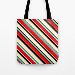 [ Thumbnail: Red, Turquoise, Light Yellow & Black Colored Lined/Striped Pattern Tote Bag ]