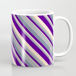 [ Thumbnail: Dark Gray, Slate Gray, Indigo, and Bisque Colored Stripes Pattern Coffee Mug ]