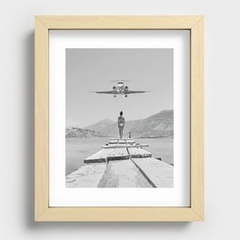 Steady As She Goes; aircraft coming in for an island landing black and white photography- photographs Recessed Framed Print