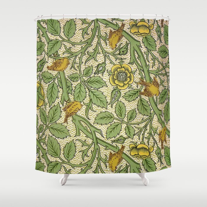 William Morris Yellow Begonia and Songbirds Textile Tapestry Pattern Shower Curtain