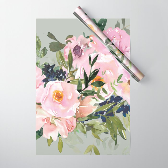 Festive, Floral Watercolor Rose Bouquet, Green and Pink Wrapping Paper by  Megan Morris