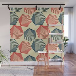Mid-Century Modern Hexagonal Shapes Pattern - Red and Blue Wall Mural