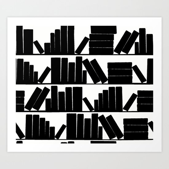 Library Book Shelves, black and white Art Print