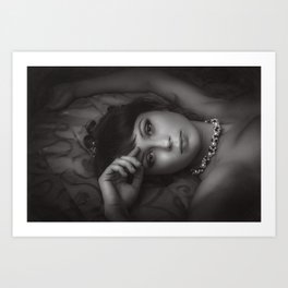 Elegant reclining nude with beaded necklace female portrait black and white photograph - photography - photographs Art Print