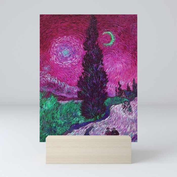 Road with Cypress and Star; Country Road in Provence by Night, oil-on-canvas post-impressionist landscape painting by Vincent van Gogh in alternate pink twilight sky Mini Art Print