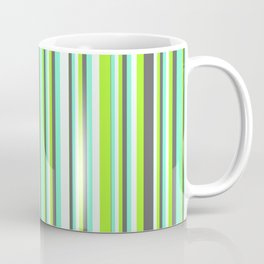 [ Thumbnail: Light Green, Dim Grey, Aquamarine, and Mint Cream Colored Stripes Pattern Coffee Mug ]