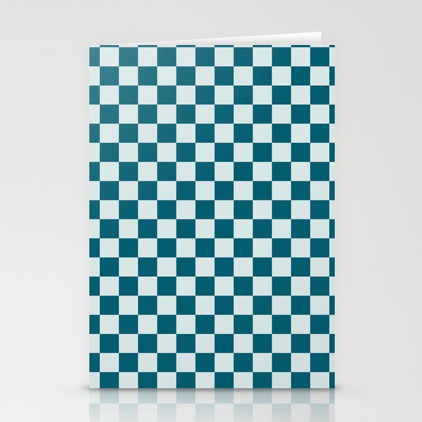Pale Blue and Tropical Dark Teal Small Checker Board Pattern Inspired by Sherwin Williams 2020 Trending Color Oceanside SW6496 Stationery Cards
