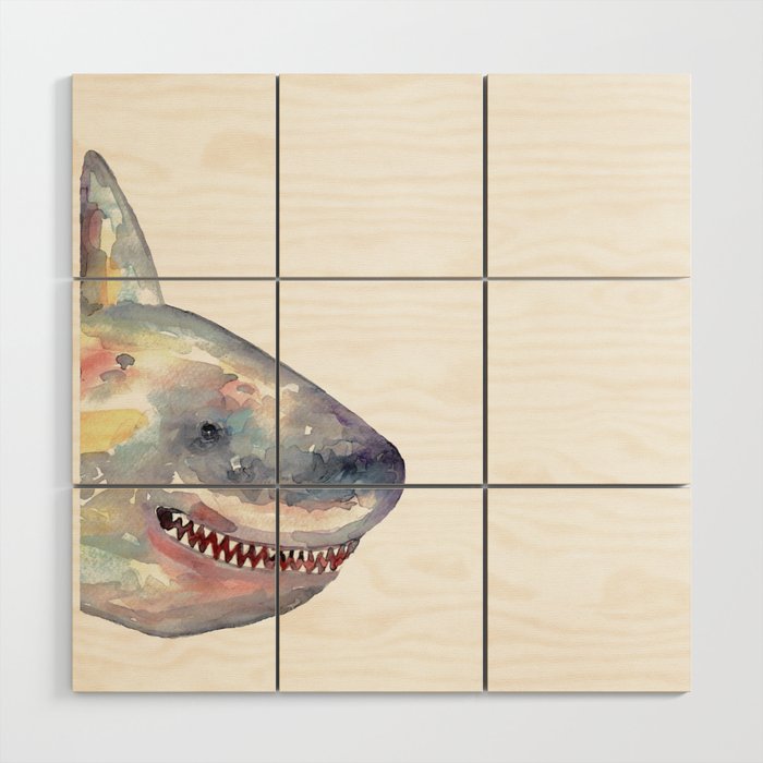 Funny Shark peeking watercolor Wood Wall Art