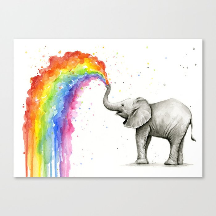 Baby Elephant Spraying Rainbow Canvas Print