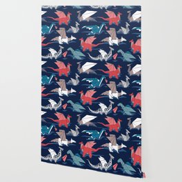 Origami dragon friends // oxford navy blue background blue red grey and taupe fantastic creatures Wallpaper