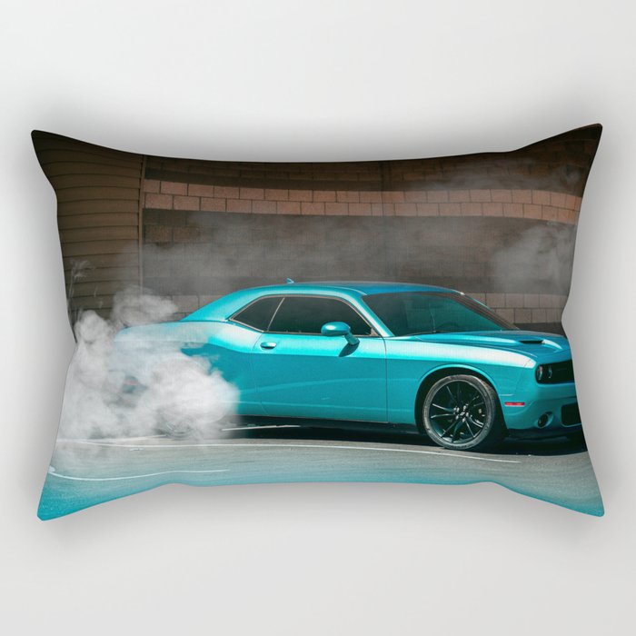 Vintage blue Hemi Challenger American Muscle car doing a burnout automobile transportation color photograph / photography poster posters Rectangular Pillow