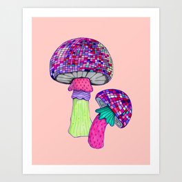 Disco Ball Mushroom - Pink and Green Art Print