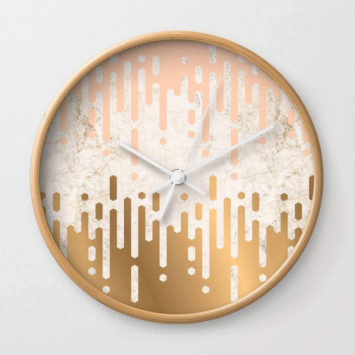 Marble and Geometric Diamond Drips, in Gold and Peach Wall Clock