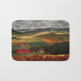 Classical Masterpiece 'Wisconsin Landscape II' by John Steuart Curry Bath Mat | Pastoral, Wisconsin, Oldwest, Vineyards, Painting, Curated, Barley, Hills, Wheatfields, Barn 