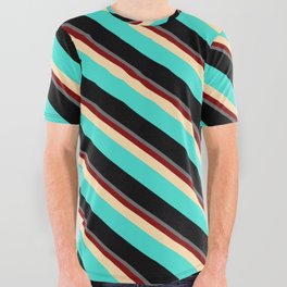 [ Thumbnail: Colorful Dim Gray, Maroon, Tan, Turquoise & Black Colored Stripes/Lines Pattern All Over Graphic Tee ]