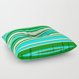 [ Thumbnail: Light Yellow, Green, and Aqua Colored Lined Pattern Floor Pillow ]