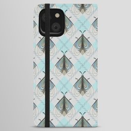 Grey and turquoise Argyle pattern with moths iPhone Wallet Case