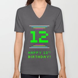 [ Thumbnail: 12th Birthday - Nerdy Geeky Pixelated 8-Bit Computing Graphics Inspired Look V Neck T Shirt V-Neck T-Shirt ]