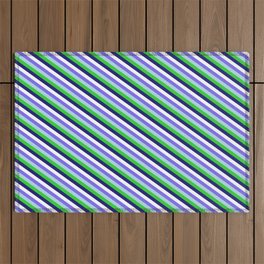 [ Thumbnail: Colorful Medium Slate Blue, Light Blue, Lime Green, Midnight Blue, and White Colored Striped Pattern Outdoor Rug ]