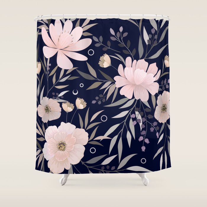 Festive, Modern, Floral Prints, Pink and Navy Shower Curtain by Megan