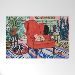 Red Armchair in Pink Interior with Houseplants, Ginger Cat, and Spaniel Interior Painting Welcome Mat