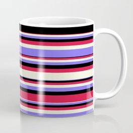 [ Thumbnail: Beige, Medium Slate Blue, Black, and Crimson Colored Pattern of Stripes Coffee Mug ]