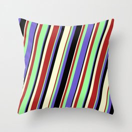 [ Thumbnail: Green, Slate Blue, Black, Light Yellow, and Red Colored Stripes Pattern Throw Pillow ]
