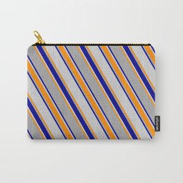 [ Thumbnail: Dark Grey, Dark Blue, Light Gray & Dark Orange Colored Lines/Stripes Pattern Carry-All Pouch ]