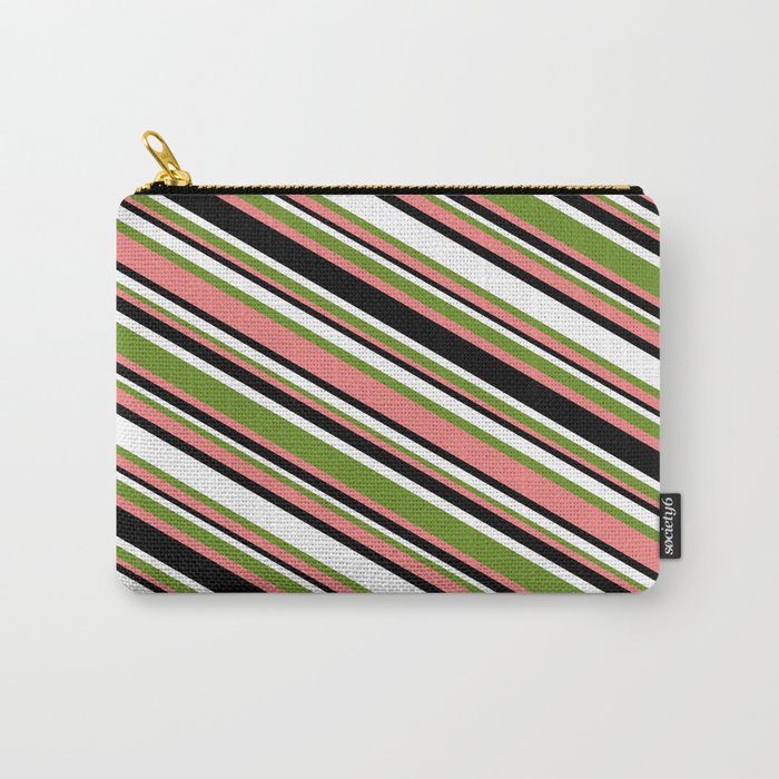 Green, Light Coral, Black & White Colored Lined/Striped Pattern Carry-All Pouch