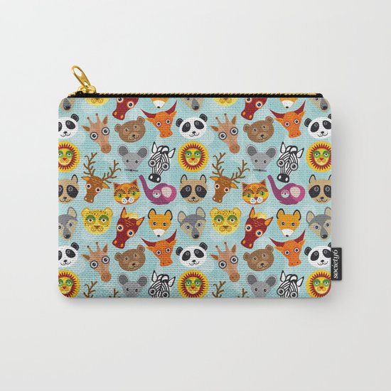 pattern with funny cute animal face on a blue background Carry-All Pouch
