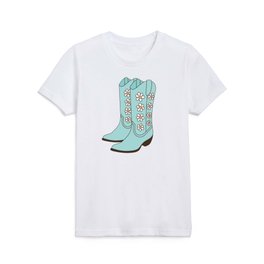 Western Vintage Floral Cowboy Boots with Daisies in Blush and Mint Blue Kids T Shirt