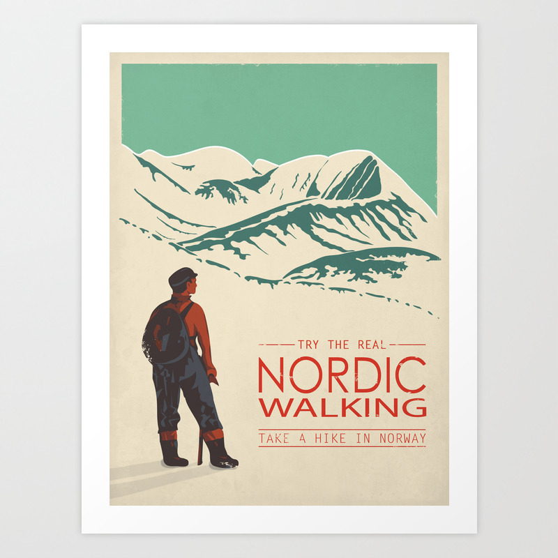 retro art print Travel poster Norway Scandinavia Mountains Nordic walking
