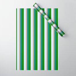 [ Thumbnail: Vibrant Tan, Dark Cyan, Green, Lavender & Black Colored Striped/Lined Pattern Wrapping Paper ]