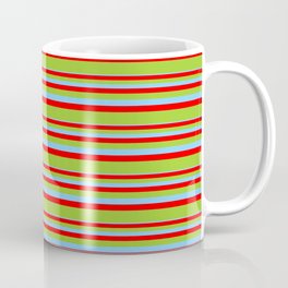 [ Thumbnail: Light Sky Blue, Red & Green Colored Lines/Stripes Pattern Coffee Mug ]