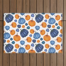 Cute Orange & Blue Pumpkins on White Pattern Outdoor Rug