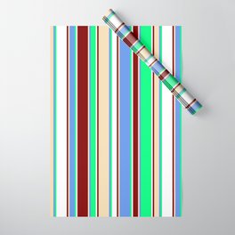 [ Thumbnail: Vibrant Green, Cornflower Blue, Tan, Maroon, and White Colored Lines Pattern Wrapping Paper ]