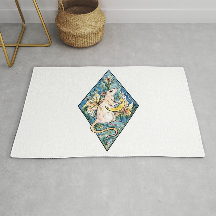 Rat with moon and lily ~ watercolor illustration Rug