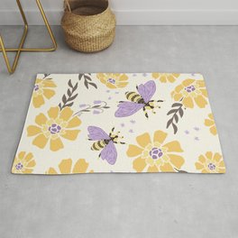 Honey Bees and Flowers - Yellow and Lavender Purple Rug