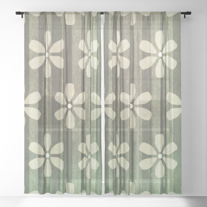 Abstract Daisies Lime Green On Forest Kelly Green Stripes Sheer Curtain